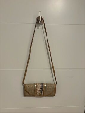 Eric Javits Tan Woven Crossbody with Snake-Print Accent and Gold Trim